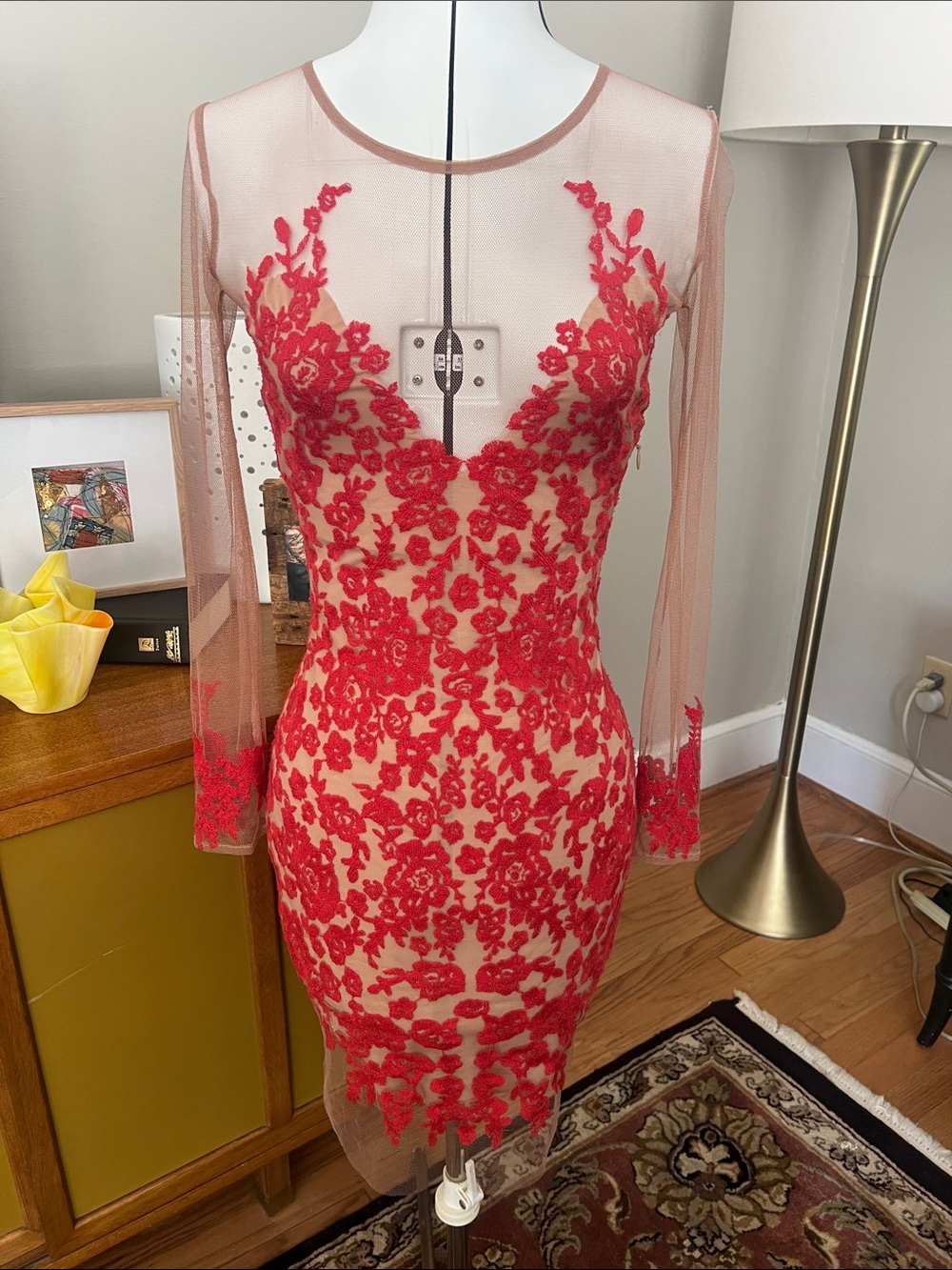 For Love & Lemons Red Floral Appliqué Long Sleeve Sheer Dress
